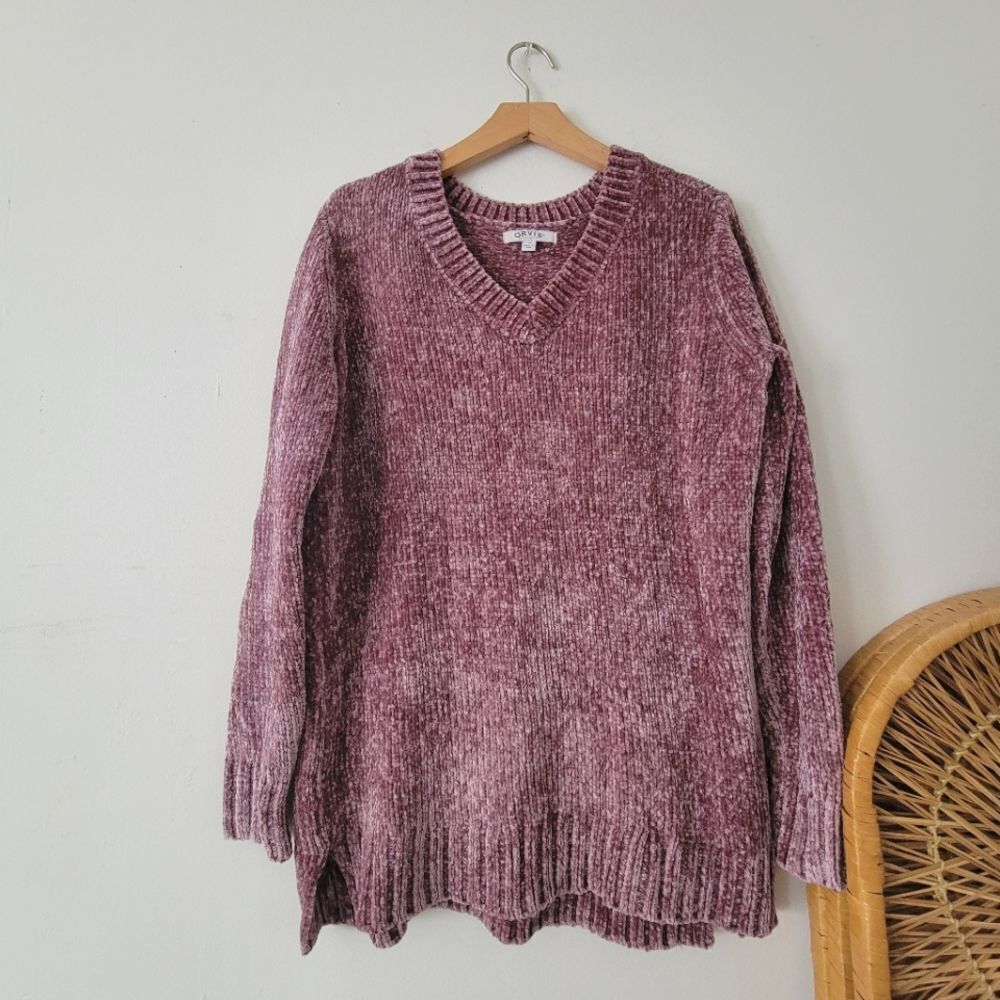 Orvis Chenille Plush Purple Sweater L V-neck Knit Cozy Soft